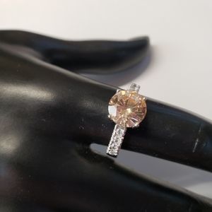 Vintage Sterling Silver Solitaire CZ Ring with Peach Tint Signed NF 925 Size 8.5